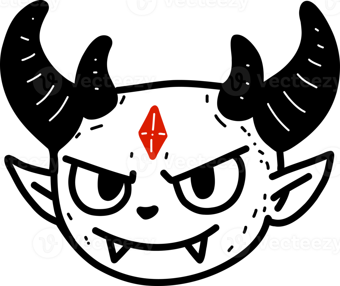 Smiling creature with horns and fangs. Cute monster face for Halloween party or character design. Simple illustration. png