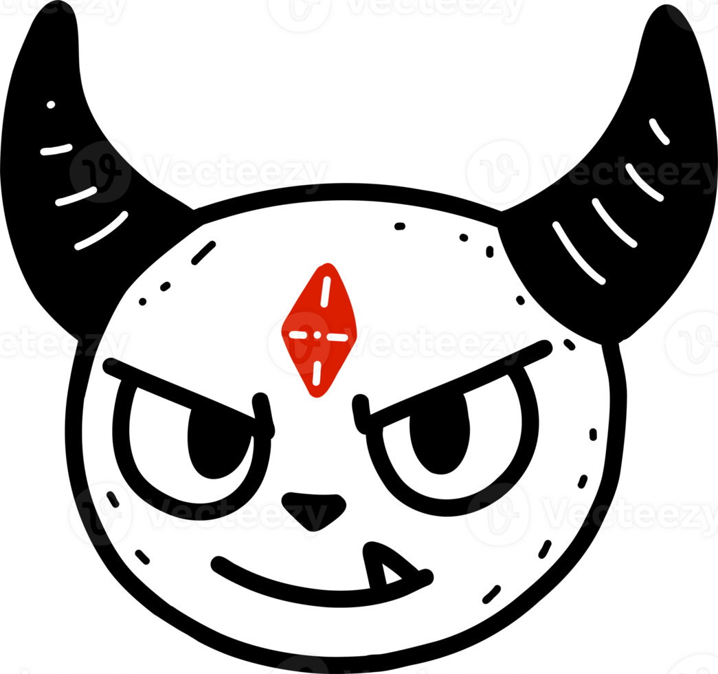 Scary monster head with horns and large eyes illustration for Halloween holiday. Hand drawn doodle style cartoon character for graphic design. png