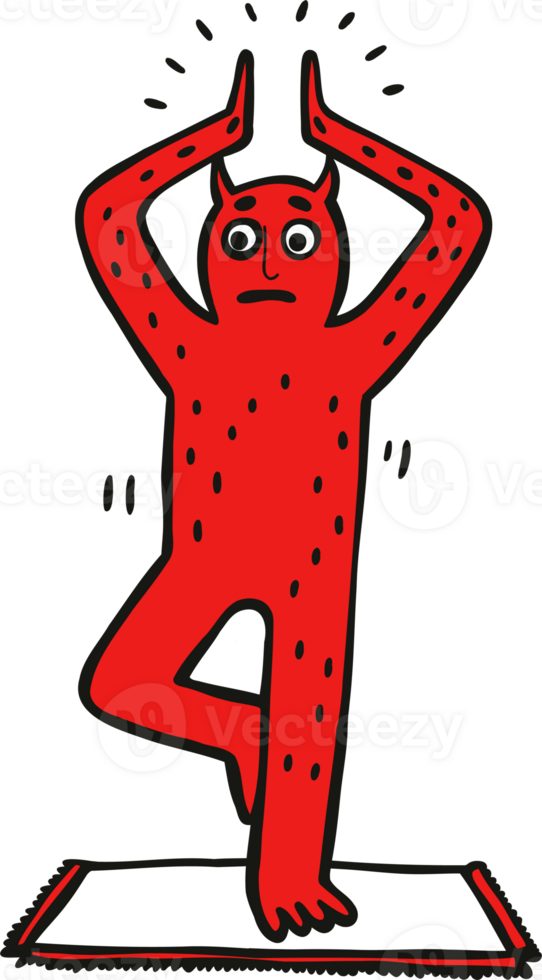 Red cartoon devil character doing a yoga tree pose on a mat. Funny demon illustration for meditation or balance concept. png