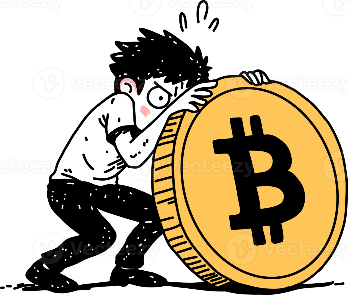 Man holding a giant bitcoin coin, representing cryptocurrency investment, digital asset concept for finance and blockchain. png