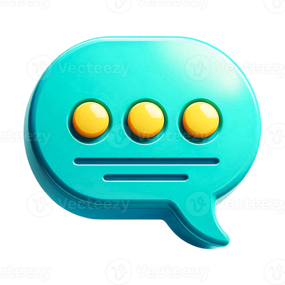 Turquoise 3D Speech Bubble Icon with Three Yellow Dots and Text Lines for Digital Communication and Messaging Graphics png