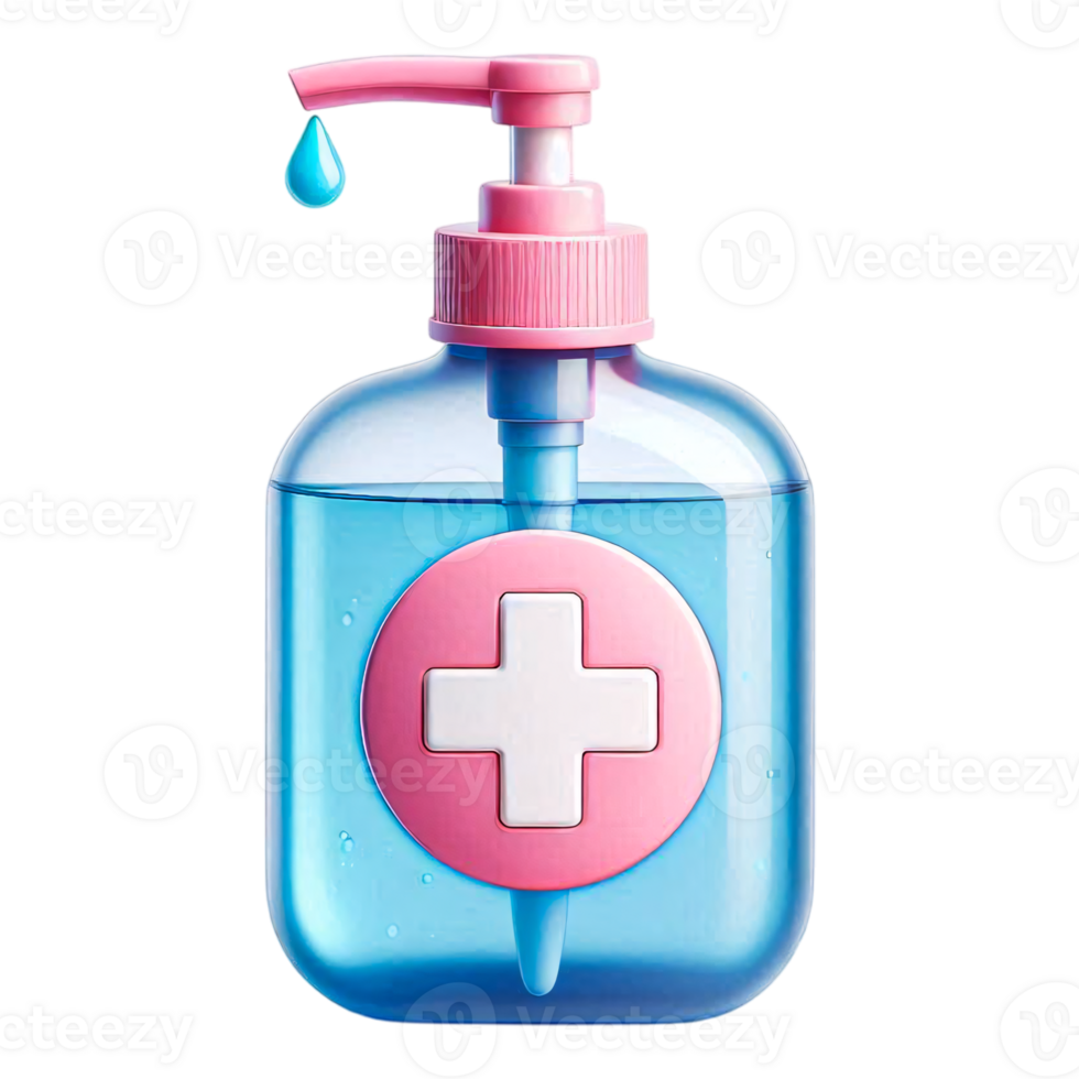 3D Blue and Pink Hand Sanitizer Bottle with Medical Cross Symbol and Pump Dispenser, Glossy Cartoon Style on Transparent Background png
