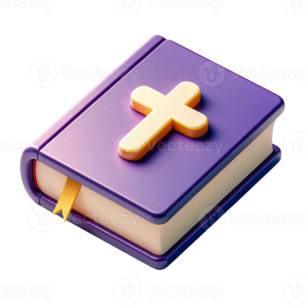 Holy Book with Purple Cover and Yellow Cross in 3D Style for Faith-Themed Digital Projects, Religious Media, and Inspirational Content png