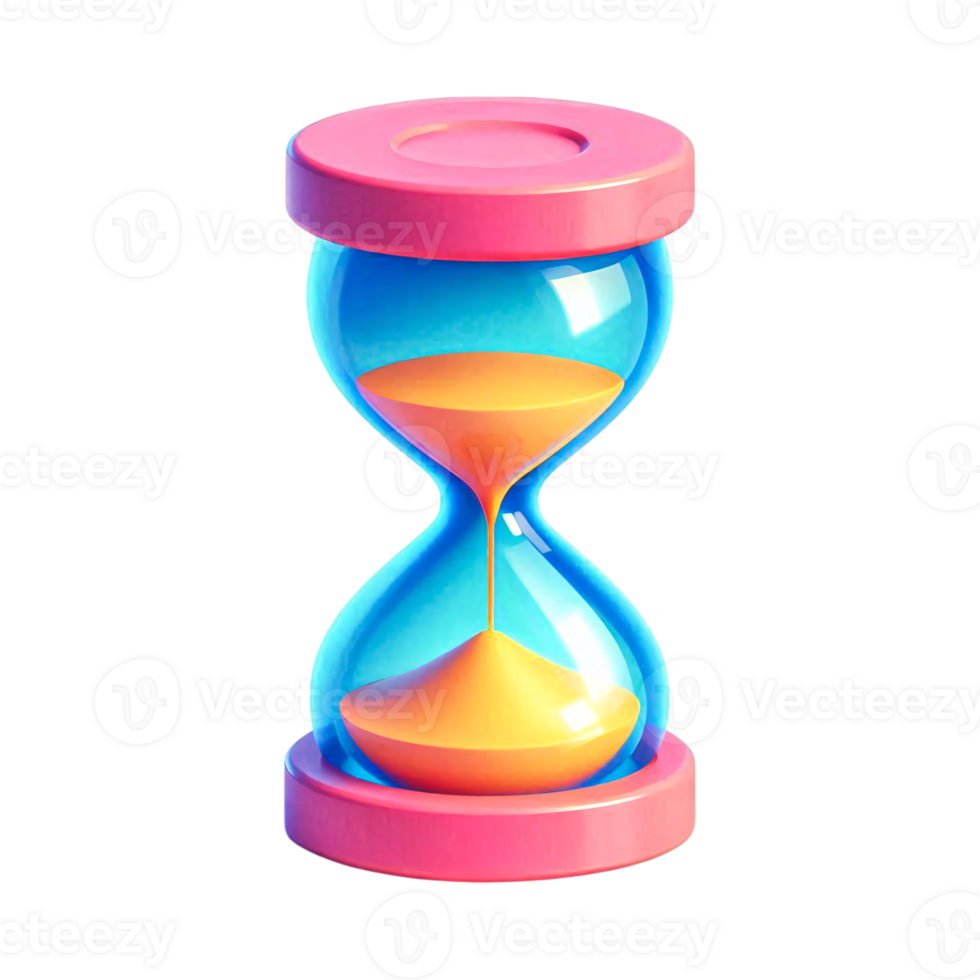 3D Hourglass Illustration with Pink Base and Blue Glass Body Filled with Yellow Sand Glossy Cartoon Style Timer Isolated on Transparent Background png