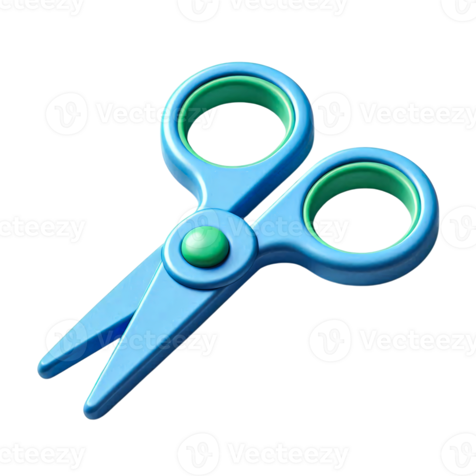 3D Toy Scissors Illustration with Blue Blades and Green Handles Child-Safe Plastic Scissor Icon in Cartoon Style on Transparent Background png