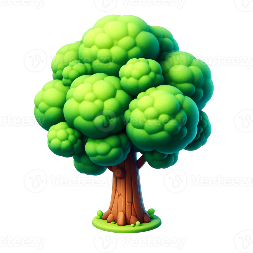 3D Cartoon Style Tree with Fluffy Green Leaves and Brown Trunk Playful Forest Element for Nature Game or Kids Design on Transparent Background png
