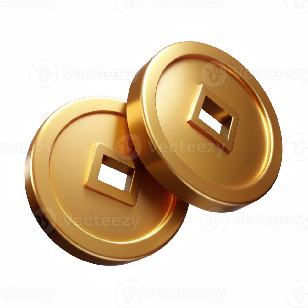 Two golden chinese coins isolated on transparent background png