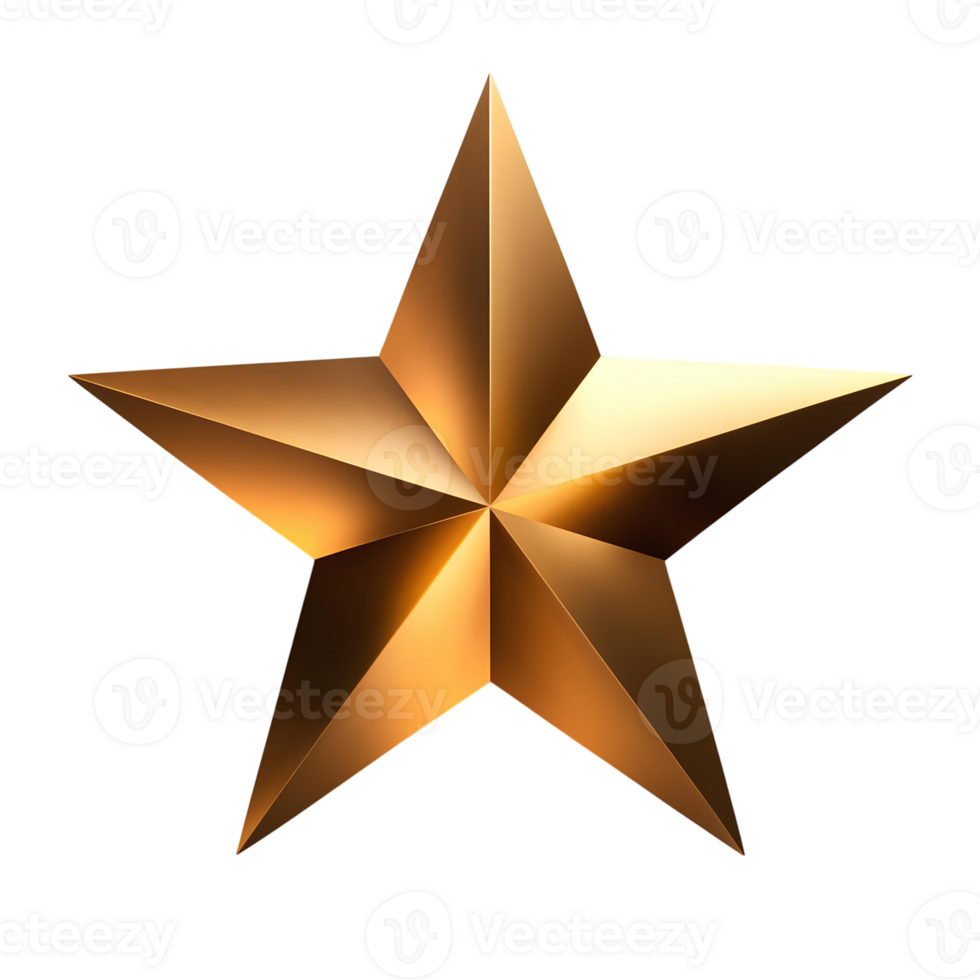 Illustration shiny volumetric 3D gold star with facets, gradient of light and shadow isolated on transparent background. png