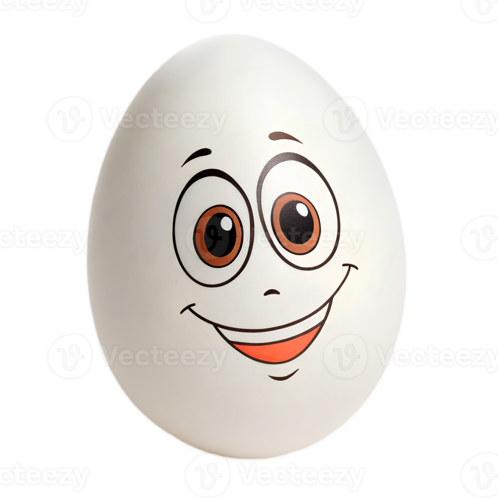 Cheerful white egg with cartoon face, drawn eyes and smile on transparent background. Conceptual photo for graphic design, advertising, content related to Easter. png