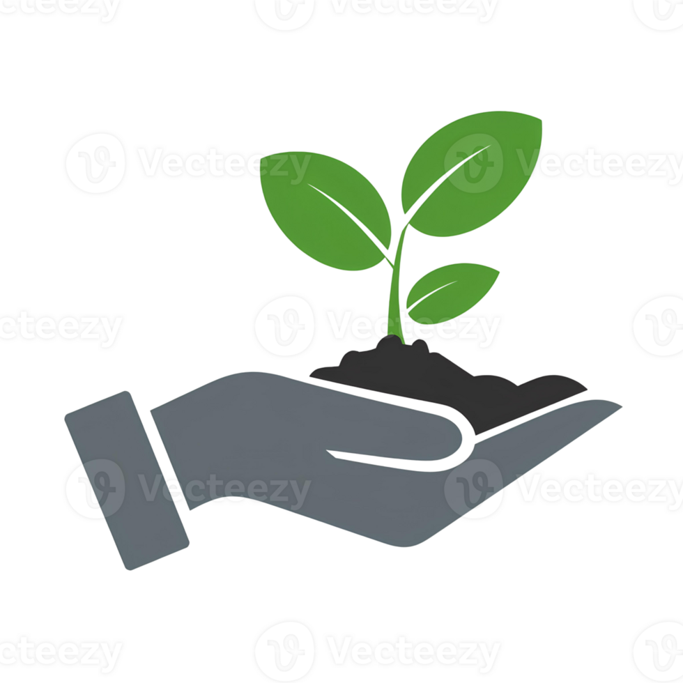 A sign, icon with a silhouette of a hand holding a plant sprout with leaves emerging from the ground. Symbol of care for nature, ecology, growth and sustainable development. png