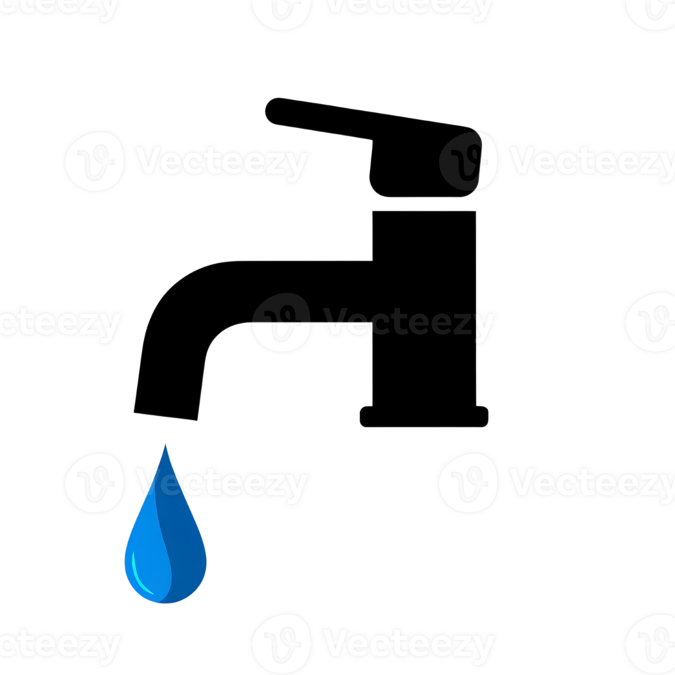 Graphic element, icon of a black silhouette of a faucet with a blue drop of water on a transparent background. png