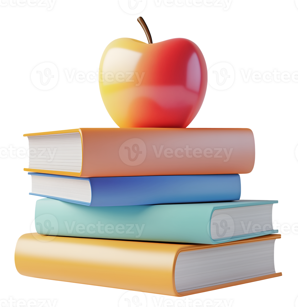 Cute cartoon 3D books with red apple isolated on a transparent background. png
