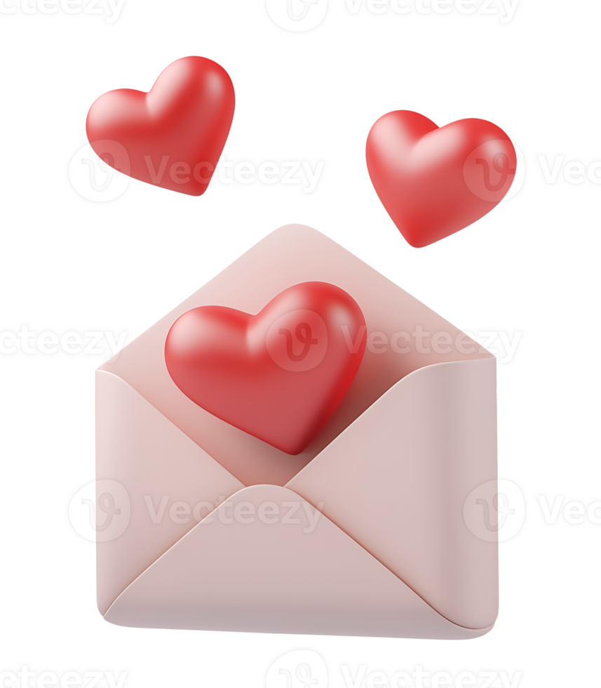 Three red hearts and pink envelope 3d render on transparent background. png