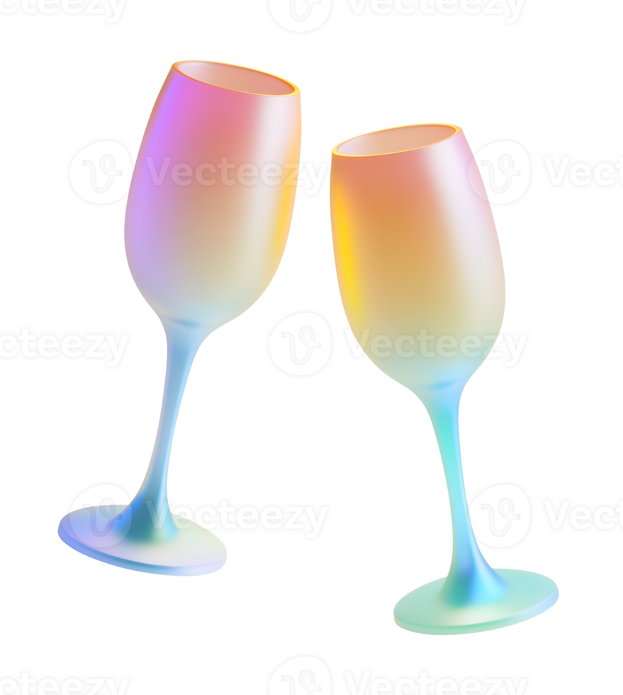Holographic wine glasses floating in the air, 3D render on transparent background. png