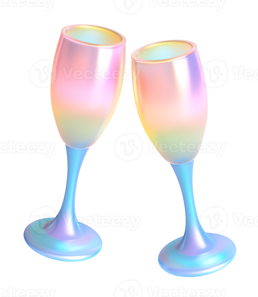 Holographic champagne glasses 3d render on transparent background. png