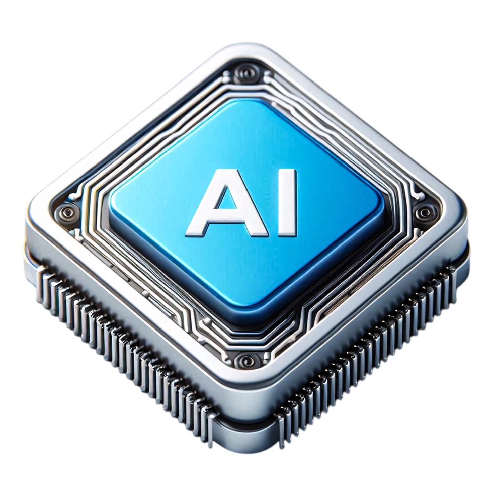 Futuristic 3D AI Microchip with Blue Core and Metallic Frame on Transparent Background for Artificial Intelligence and Tech Innovations png