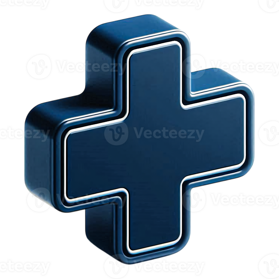 Glossy dark blue 3D medical cross symbol isolated on transparent background representing healthcare, emergency, aid or hospital concept png