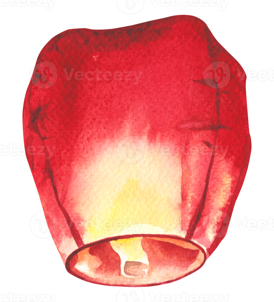 Watercolor illustration of a glowing red sky lantern, symbolizing wishes, hope, and celebration. Perfect for festive designs, Asian holiday decorations, or cultural-themed projects png