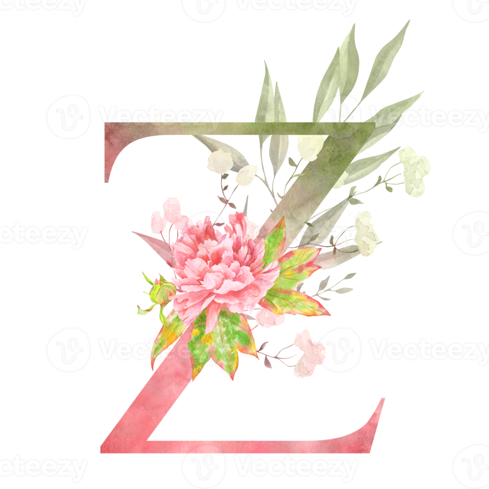 Lovely floral Z initial in watercolor style with soft botanical flourishes. A graceful choice for lettering sets and decor. png