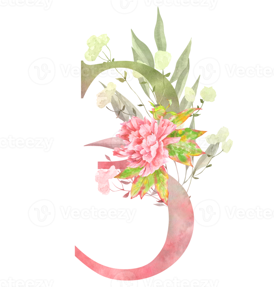 Elegant watercolor number 3 decorated with pink flowers and greenery. Perfect for nursery art, wedding decor, invitations, and feminine designs. Soft pastel aesthetic on white background. png