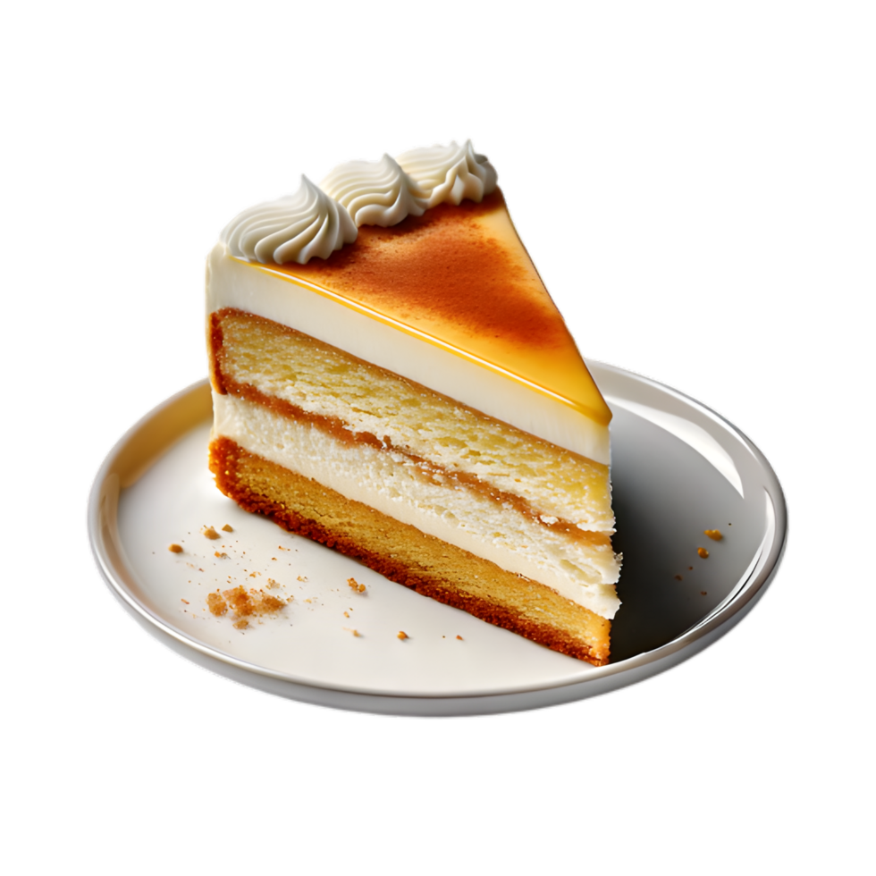 Delicious Creamy Layered Cake Slice on White Plate png