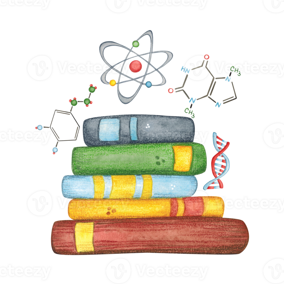 Stack of books surrounded by chemical formulas. Watercolor illustration hand drawn, cartoon. Drawing for stickers, cards, invitations. science, school, laboratory, back to school, illustration png