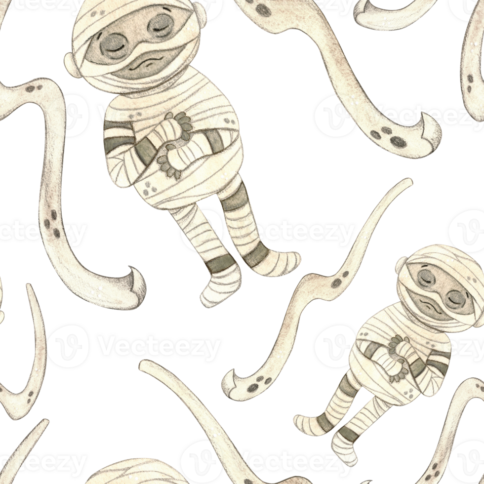 Seamless pattern with mummies among flying bandages for Halloween holiday. Watercolor hand drawn cartoon illustration. Drawing for textile, for paper, cards and invitations. Holiday, decoration, mummy png