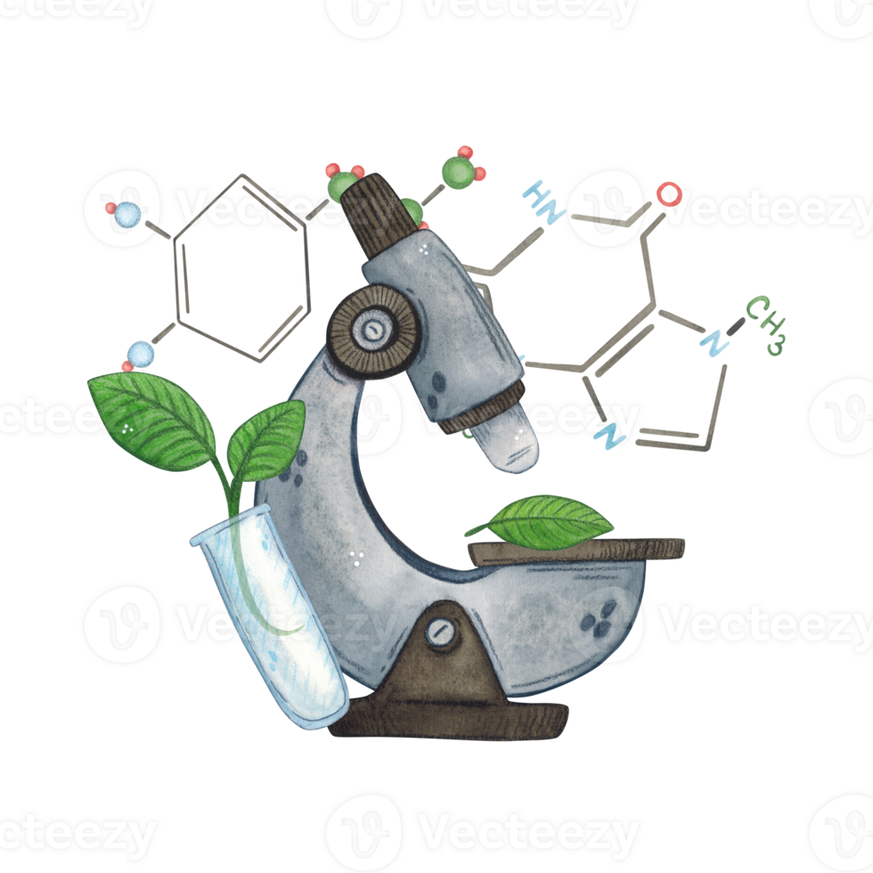 Microscope next to a flask with green spread and chemical formulas. Watercolor illustration hand drawn, cartoon. Drawing for stickers, cards, invitations, scrapbooking. science, school, laboratory png