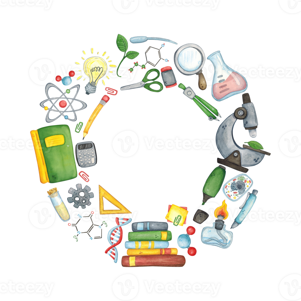 Round frame of school supplies and laboratory equipment. Watercolor illustration hand drawn, cartoon. Design for stickers, cards, invitations, scrapbooking. science, school, laboratory, back to school png