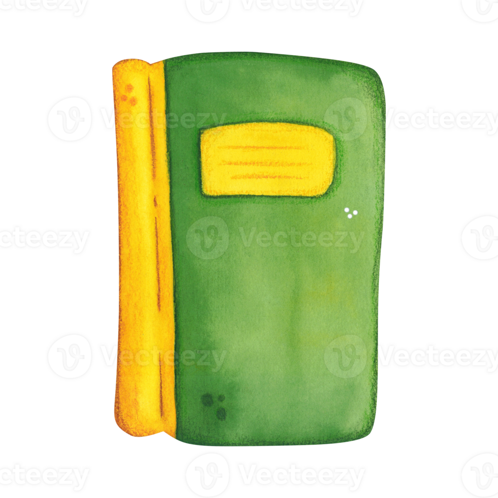 School notebook in a green cover with a yellow spine. Watercolor illustration hand-drawn, cartoon. Drawing for stickers, posters, blanks for cards, scrapbooking, journaling. School, schoolboy, student png