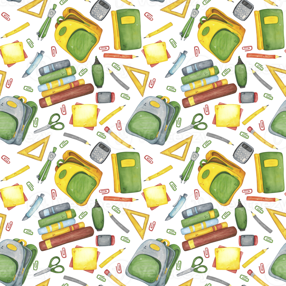 Seamless pattern with books and school supplies and backpack. Watercolor illustration hand drawn, cartoon. Drawing for stickers, cards, invitations, scrapbooking. science, school, laboratory, back to png