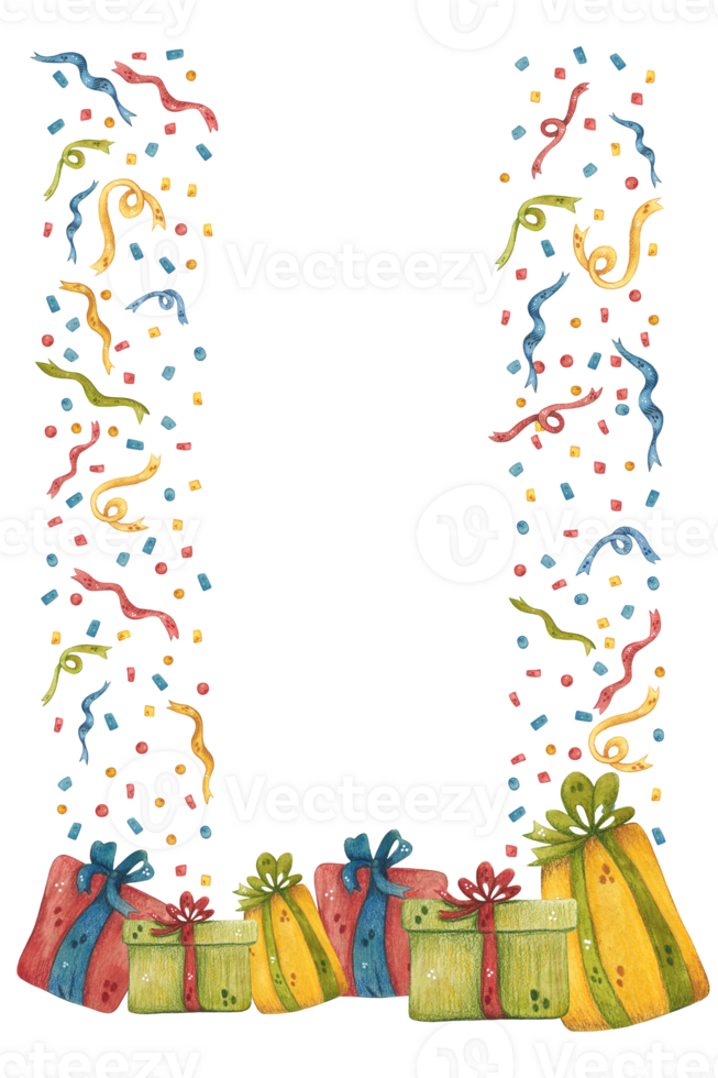 Seamless border of confetti and boxes with gifts for the holiday png