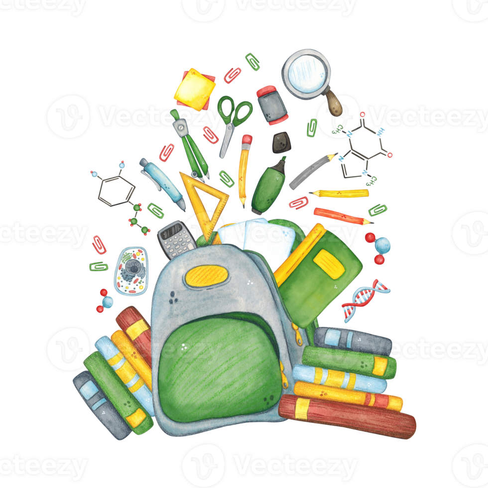 Gray school backpack from which office supplies and books fly out. Watercolor illustration hand-drawn, cartoon. Drawing for stickers, cards, invitations, scrapbooking. science, school, laboratory png