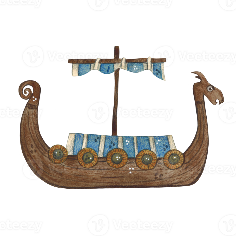 Watercolor illustration of a large Viking boat with a dragon's face and a blue striped sail png