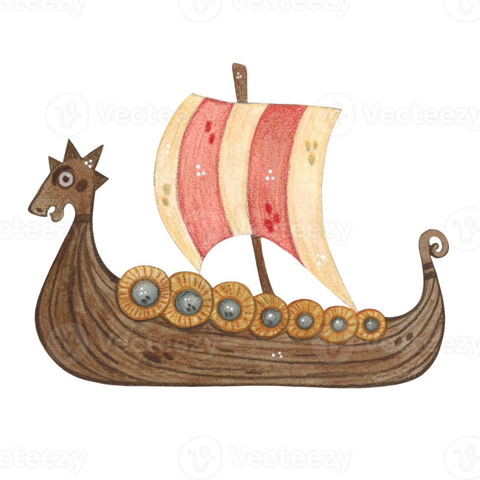 Watercolor illustration of a large Viking boat with a dragon's face and a red striped sail png