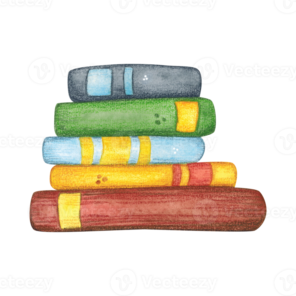 Stack of school books, textbooks. Watercolor illustration hand drawn, cartoon. Drawing for stickers, posters, postcard blanks, scrapbooking, journaling. School, pupil, student, notebook, green png