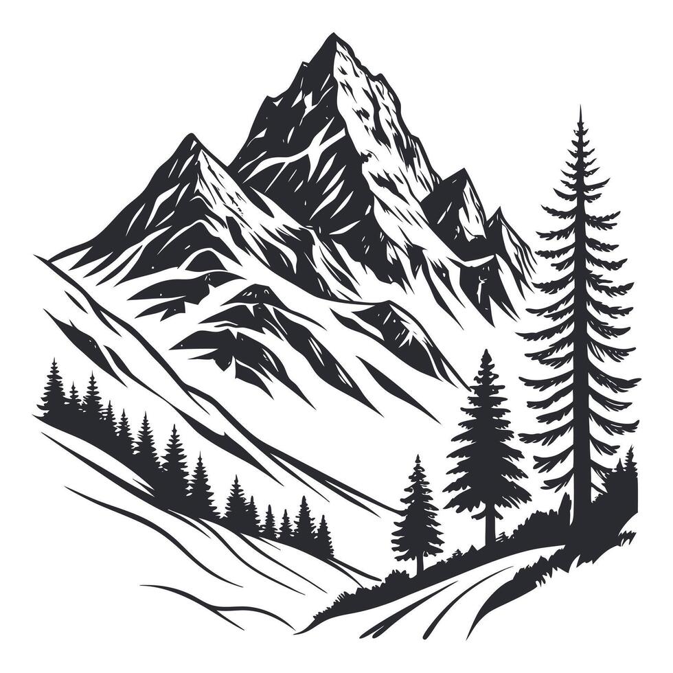 Mountain range landscape with pine trees silhouette illustration for outdoor adventure concepts vector