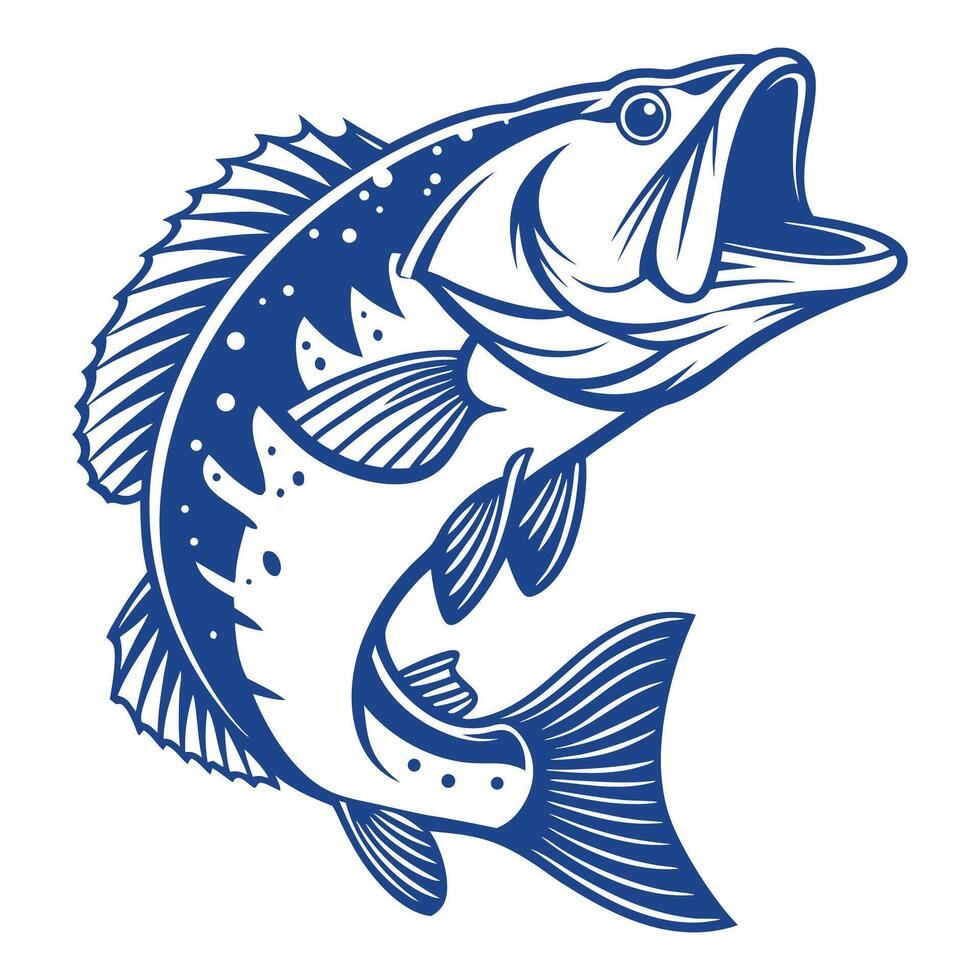 Leaping largemouth bass illustration in blue outline isolated on white background vector