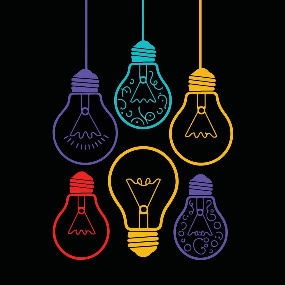 Colorful light bulbs with intricate designs floating on black background idea generation vector