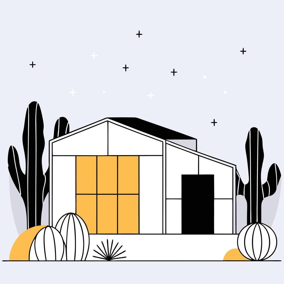 Minimalist home in desert landscape illustration with cacti and stars in the sky vector