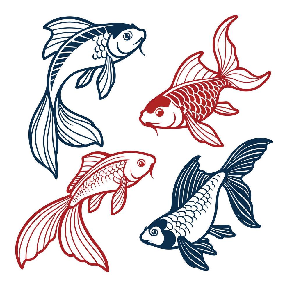 Ornamental koi fish set with intricate line art and elegant design for decoration vector