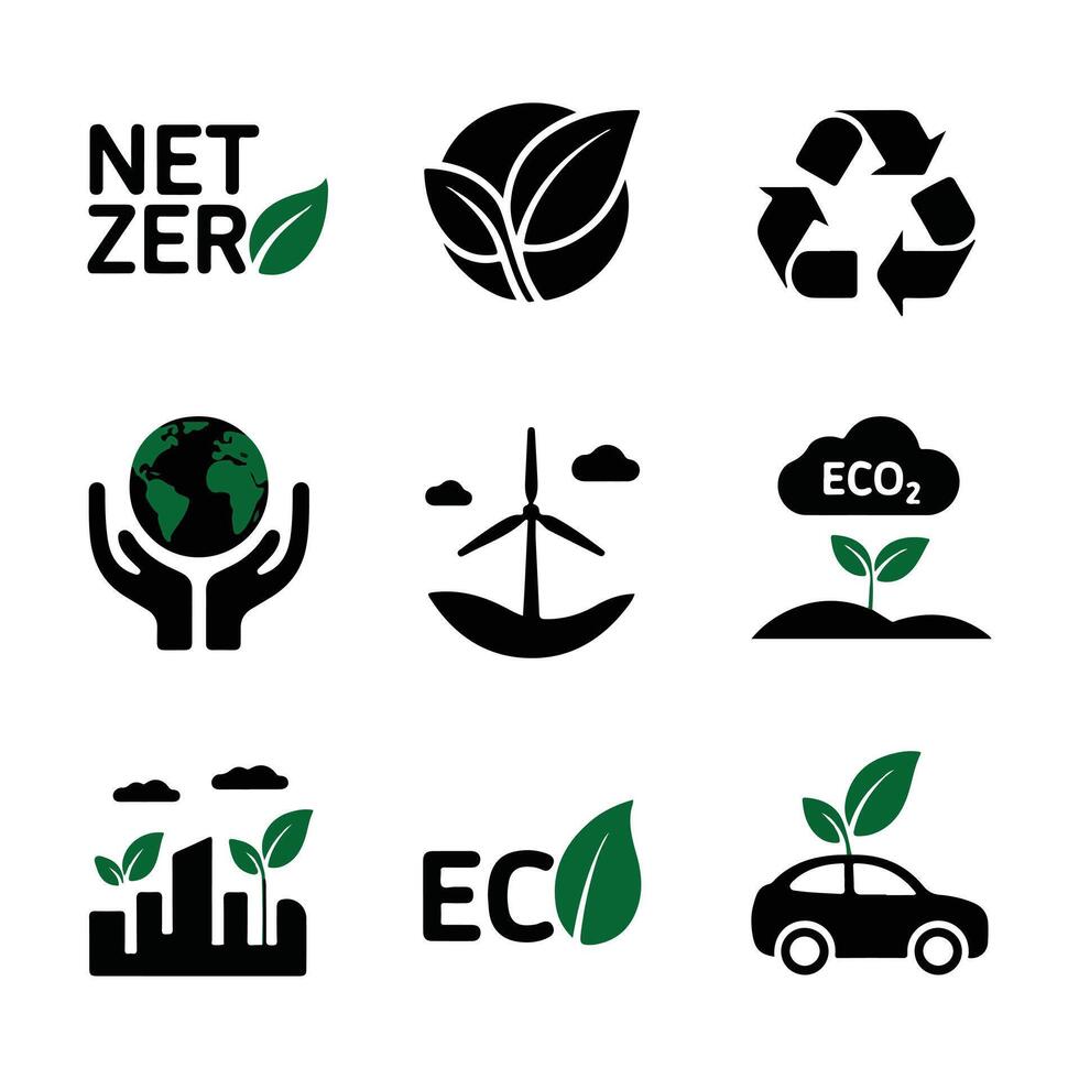 Environmental sustainability icon set depicting net zero eco friendly practices and renewable energy vector