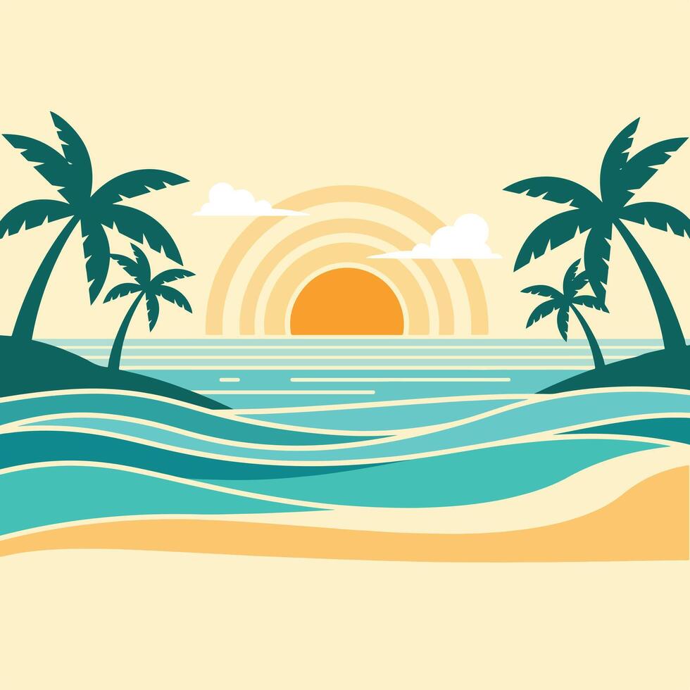 Tropical paradise sunset beach with palm trees and ocean waves on a summer day vector