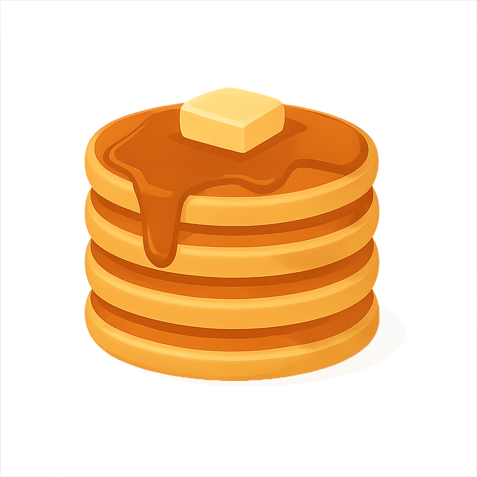 Stack of golden pancakes topped with butter and syrup in cartoon style on transparent background png