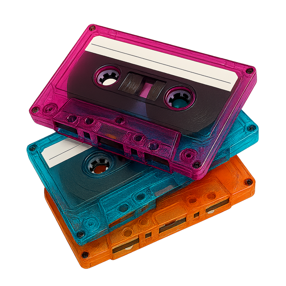 Stack of colorful retro cassette tapes on transparent background png