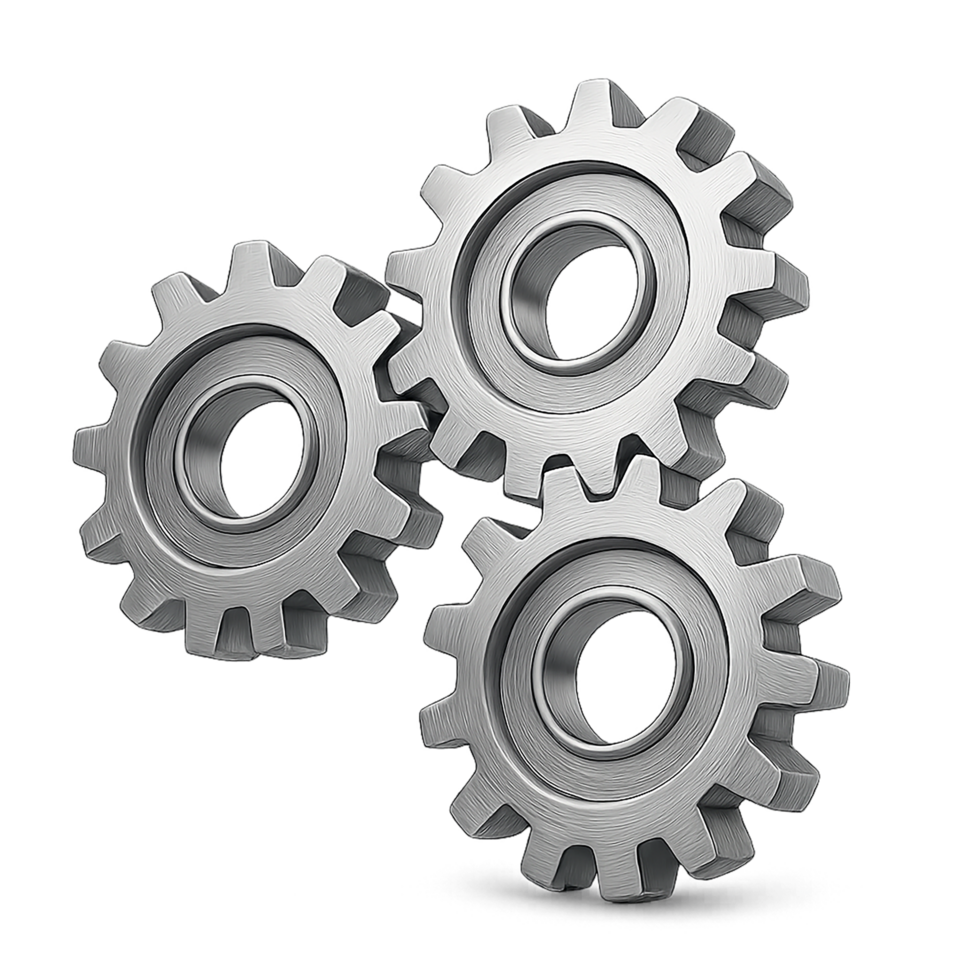 Two interlocking silver metal gears illustration on transparent background png