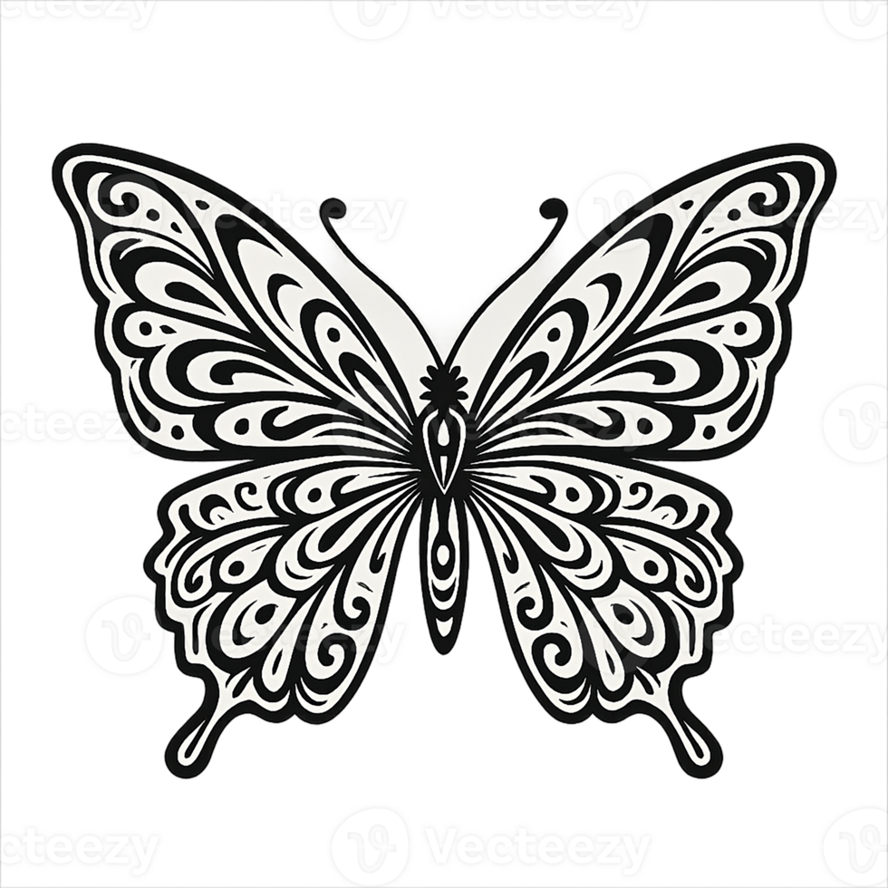Detailed butterfly with ornamental wings in line-art style on transparent background png