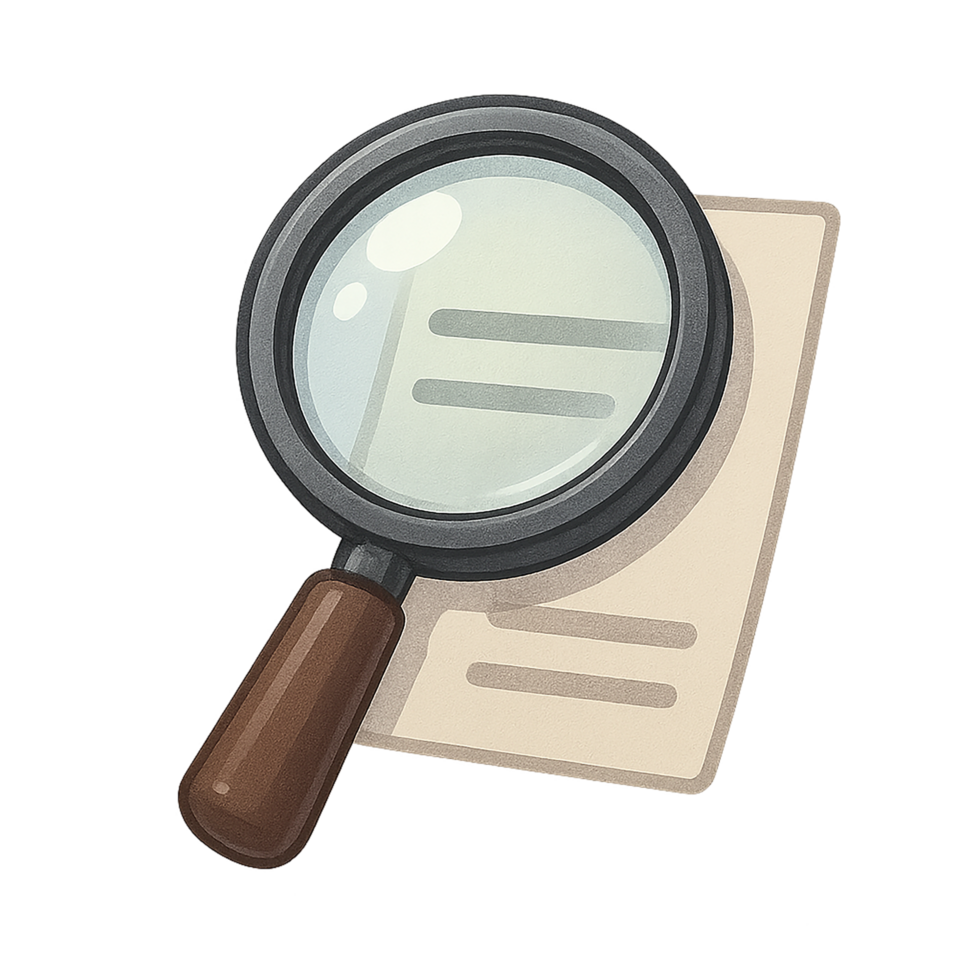 Magnifying glass with handle placed over paper sheet in cartoon style on transparent background png