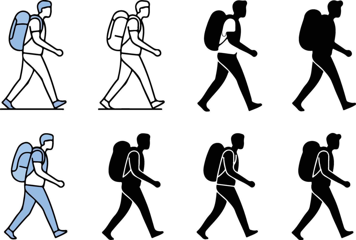 illustration set of walking man with backpack in color and silhouette vector