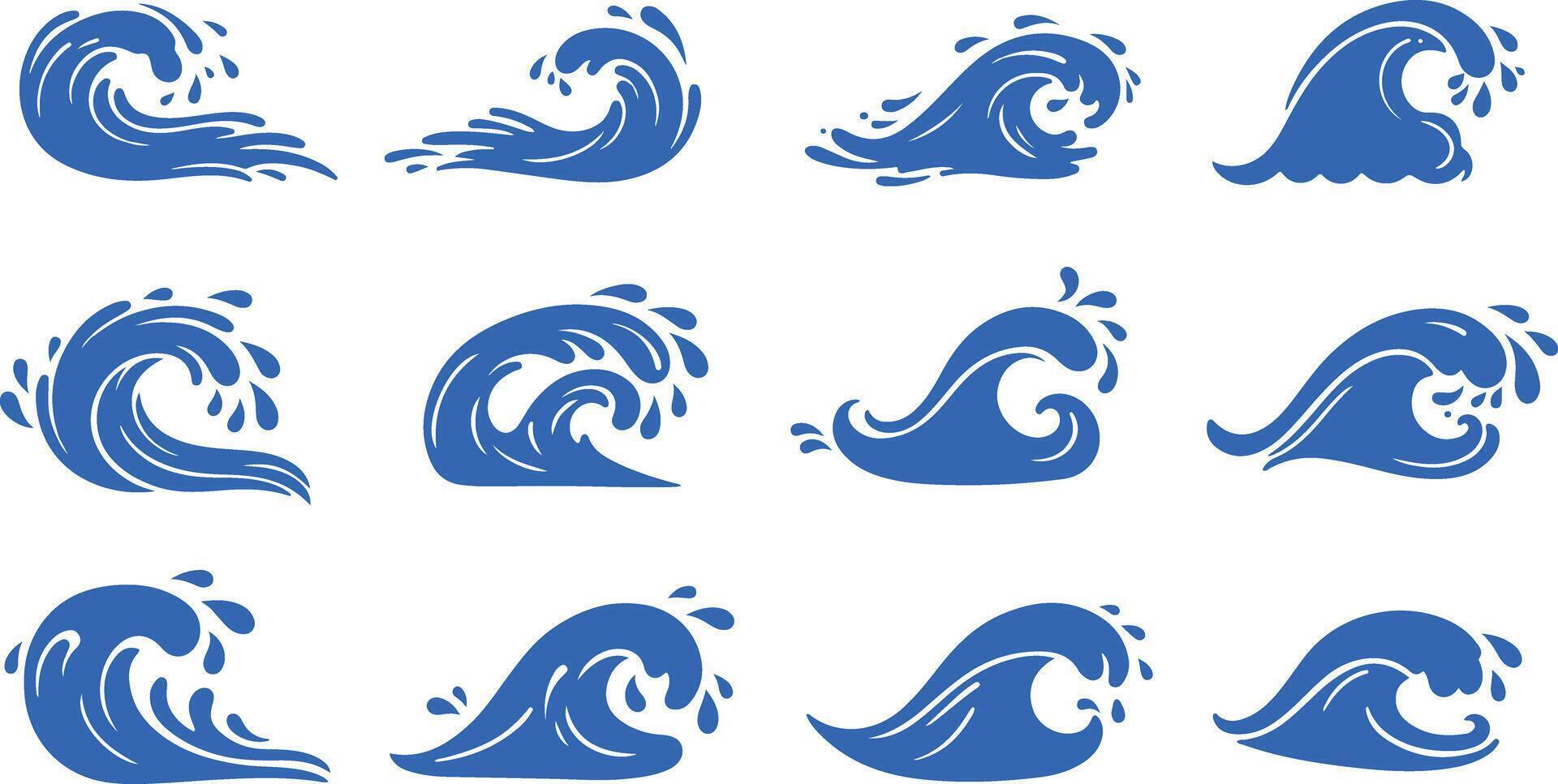 Collection of twelve blue stylized wave illustrations on white background graphic design vector
